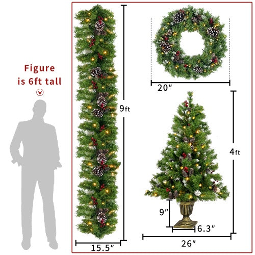 Set of 4 green pre-lit PVC Christmas decorations: 9ft garland, 4ft tree with pine cones, 20in wreath, and 6ft human silhouette for scale
