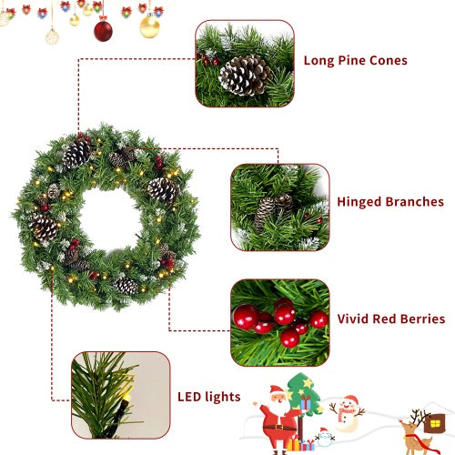 Christmas wreath with long pine cones, hinged branches, vivid red berries, and LED lights