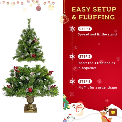 Three-piece green pre-lit artificial Christmas tree with berries and pinecones, easy setup steps on red background