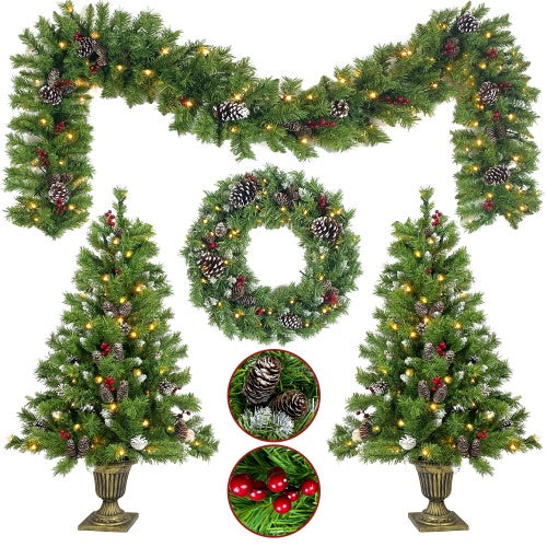 Pre-lit green PVC Christmas garland, wreath, and two tabletop trees with pine cones and red berries