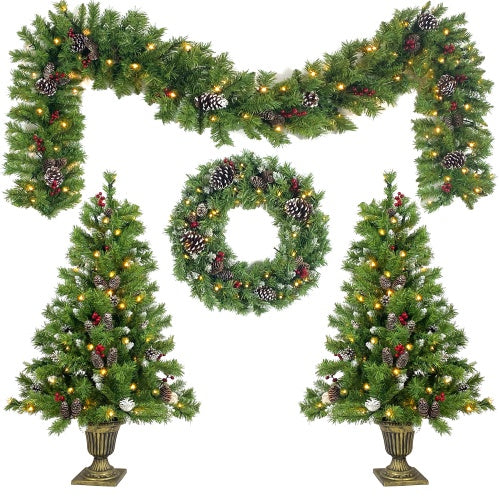 Pre-lit artificial Christmas garland, wreath, and decorated trees with pinecones and red berries