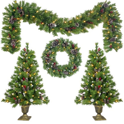 Pre-lit artificial Christmas garland, wreath, and decorated trees with pinecones and red berries