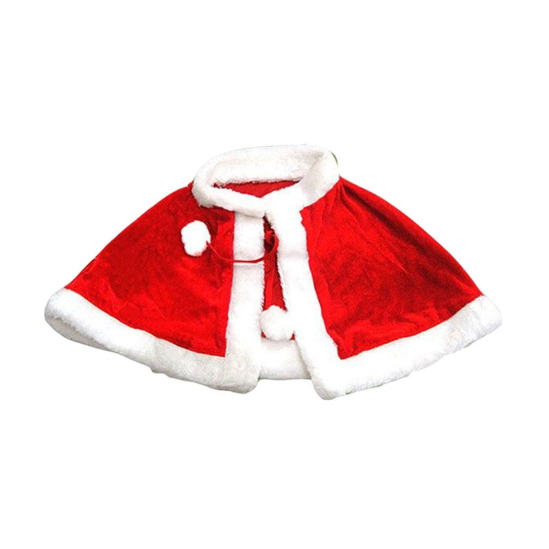 Red velvet Christmas cape for kids with white faux fur trim and pom-poms, festive holiday costume