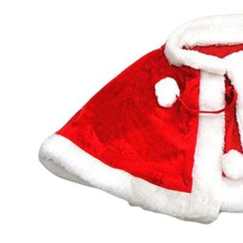 Red velvet Christmas cape for kids with white faux fur trim and pom-poms, festive holiday costume