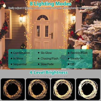 Front door decorated with 8-mode warm white LED lighted birch garland, 4 brightness levels, festive outdoor decor