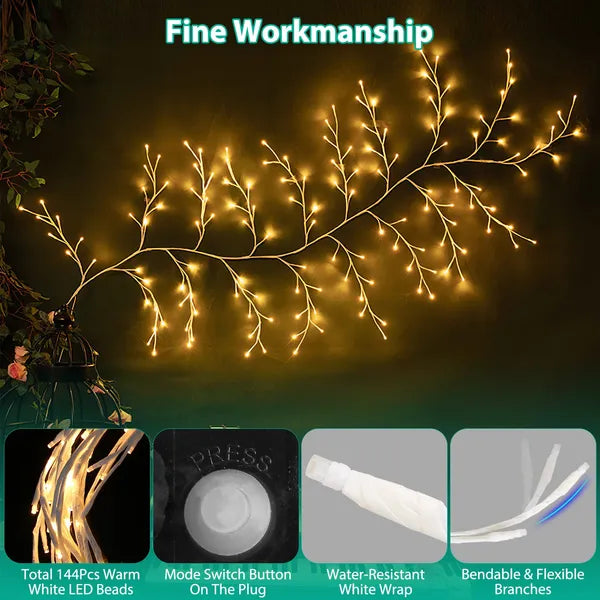 144 LED warm white lighted birch branch garland with flexible, water-resistant design and mode switch