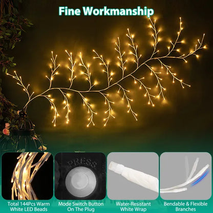 144 LED warm white lighted birch branch garland with flexible, water-resistant design and mode switch