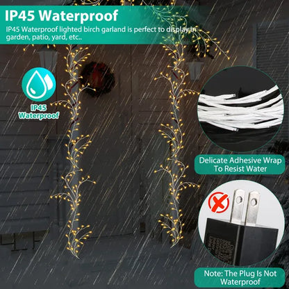IP45 waterproof lighted birch garland with 144 LED lights in rain, outdoor patio decoration