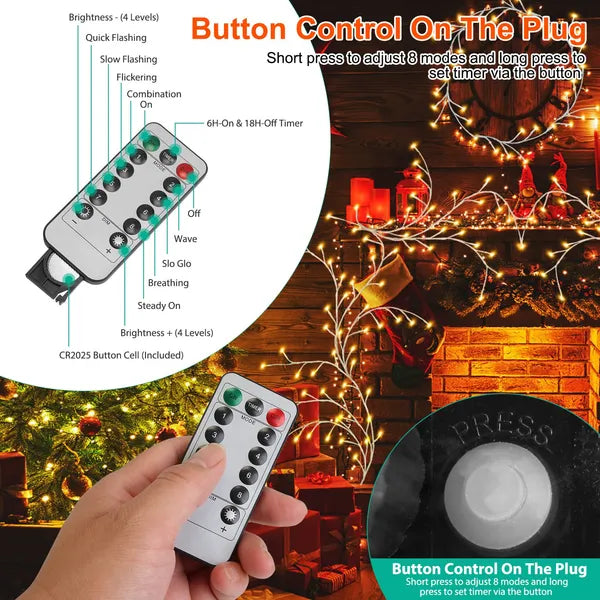 Hand holding remote for 5-lighted birch garland with fireplace and Christmas decorations in background