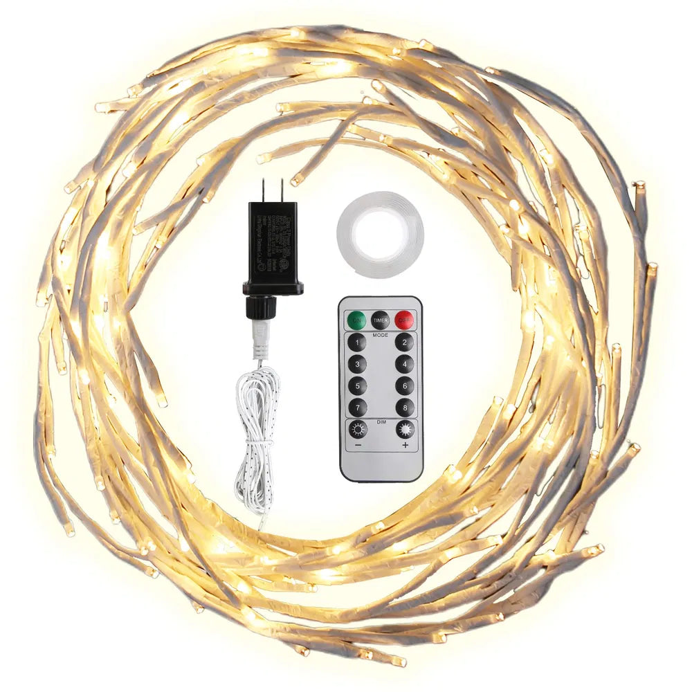 7.87ft lighted birch garland with 144 warm white LEDs, remote control, and power adapter