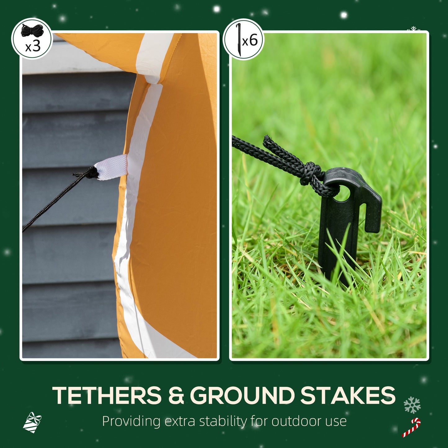 Close-up of black ropes tethered to an orange inflatable and a black ground stake in green grass for outdoor stability