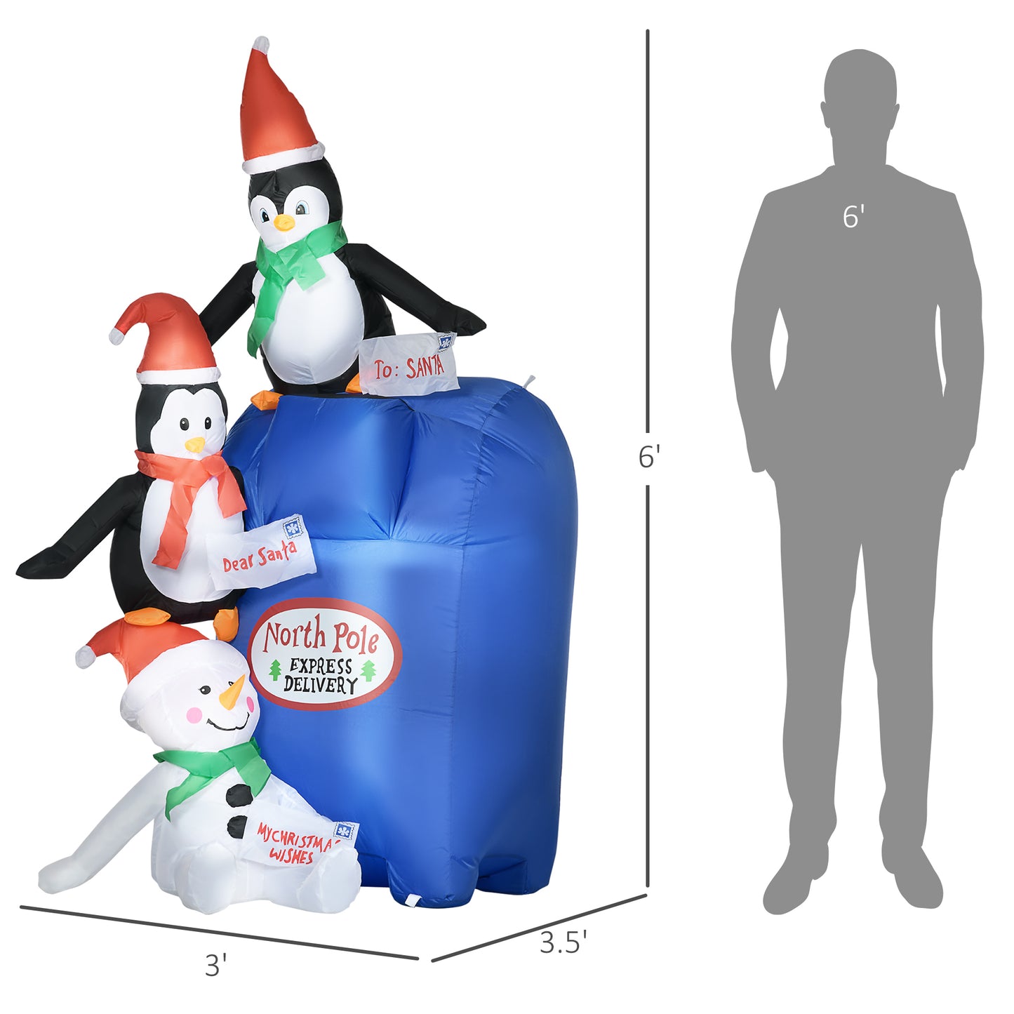 6-foot inflatable Christmas mailbox with penguins and snowman holding letters to Santa