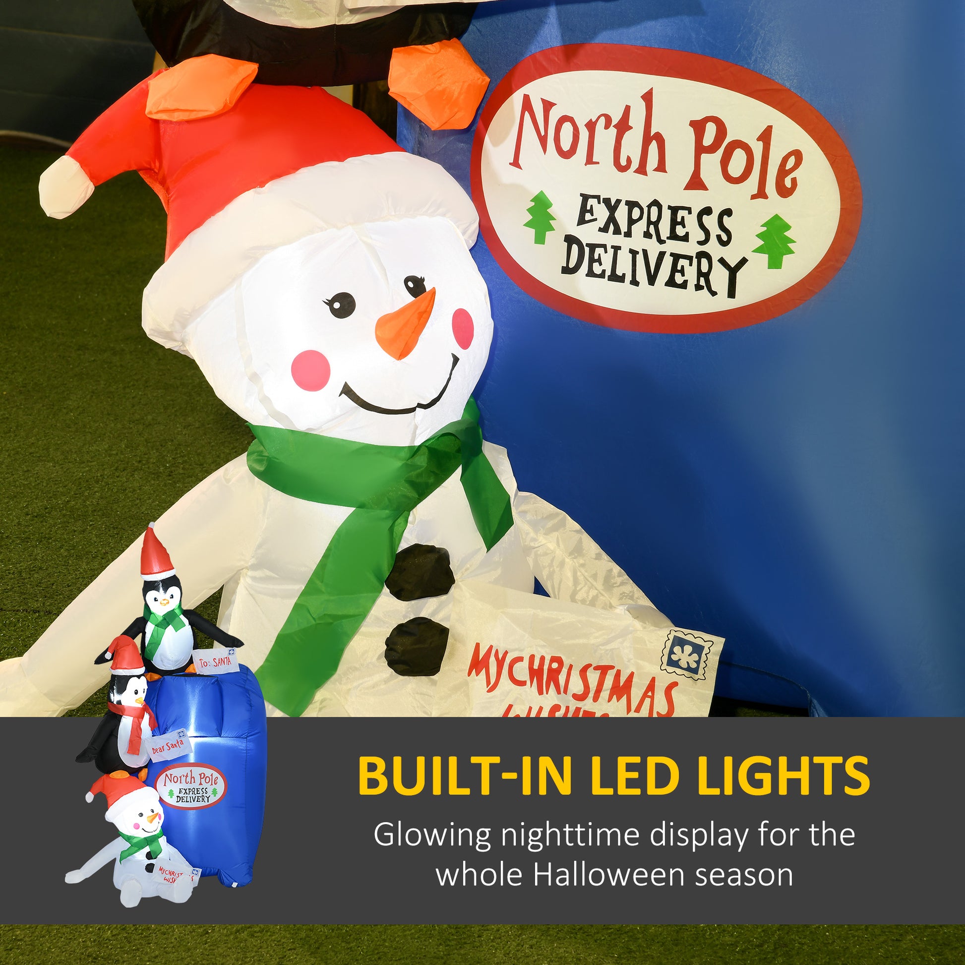 Christmas inflatable snowman and penguins with North Pole Express Delivery mailbox and built-in LED lights