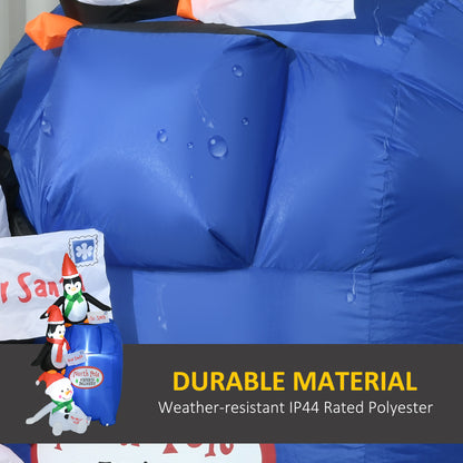 Close-up of blue weather-resistant polyester on inflatable Christmas mailbox with penguins and snowman