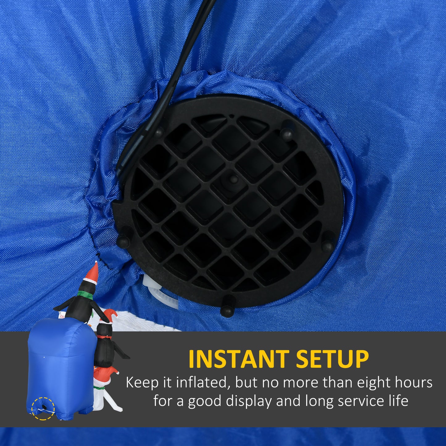 Close-up of black fan base and blue fabric bottom of an inflatable Christmas mailbox with penguins