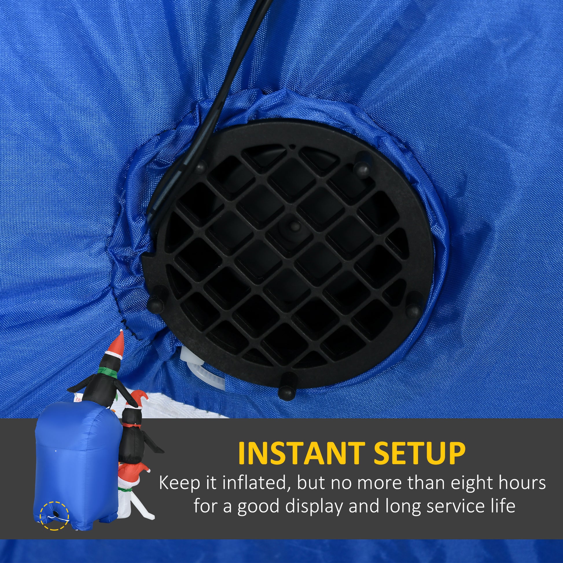 Close-up of black fan base and blue fabric bottom of an inflatable Christmas mailbox with penguins