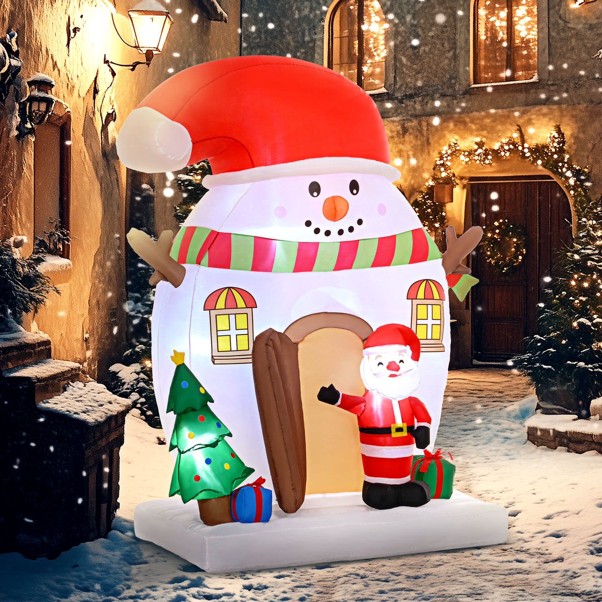 8ft inflatable snowman house with Santa, Christmas tree, and gift decorations in snowy yard