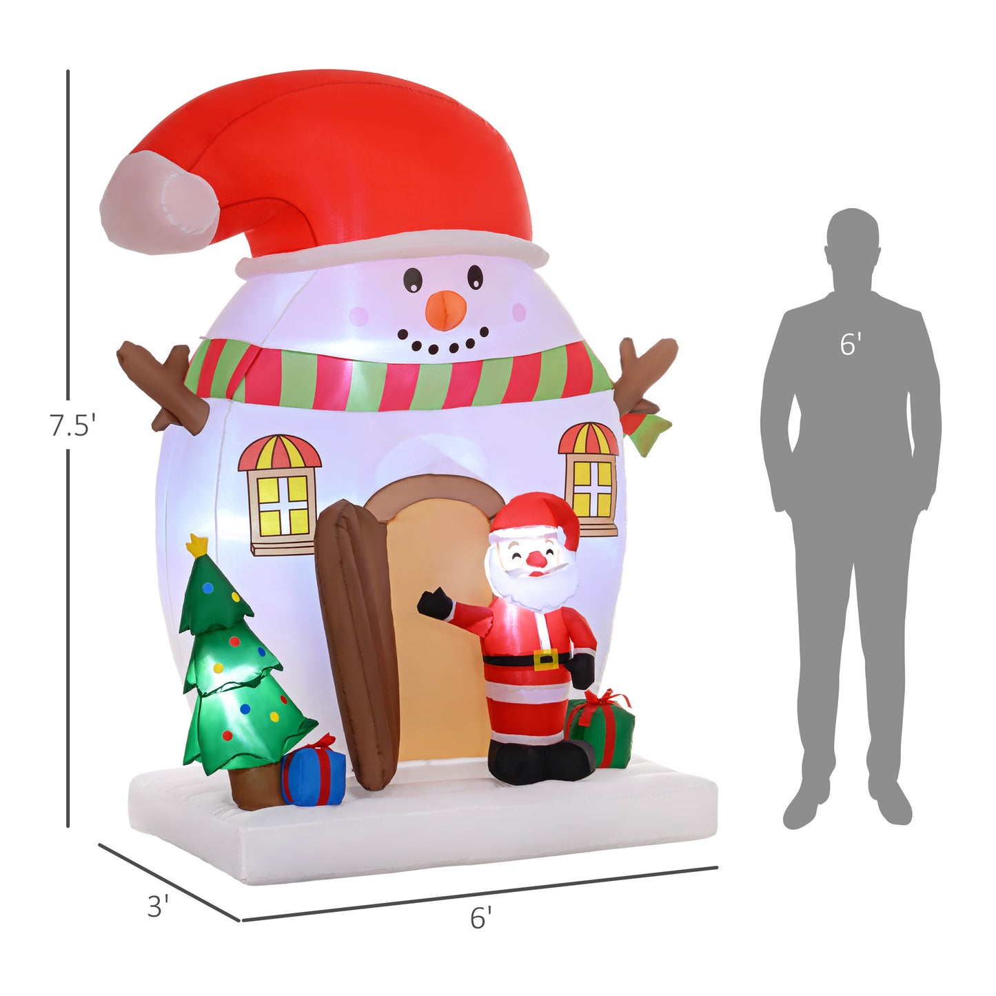8ft LED inflatable Christmas decoration with snowman house, Santa, tree, and gifts