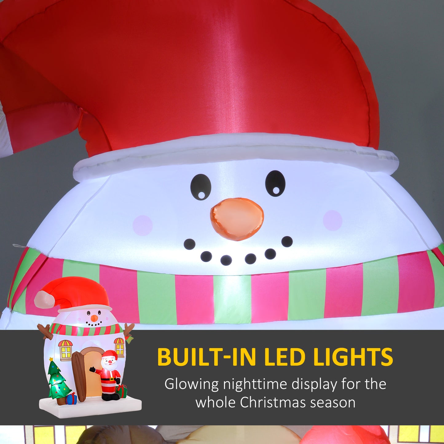 Inflatable Christmas snowman with red Santa hat, striped scarf, and built-in LED lights