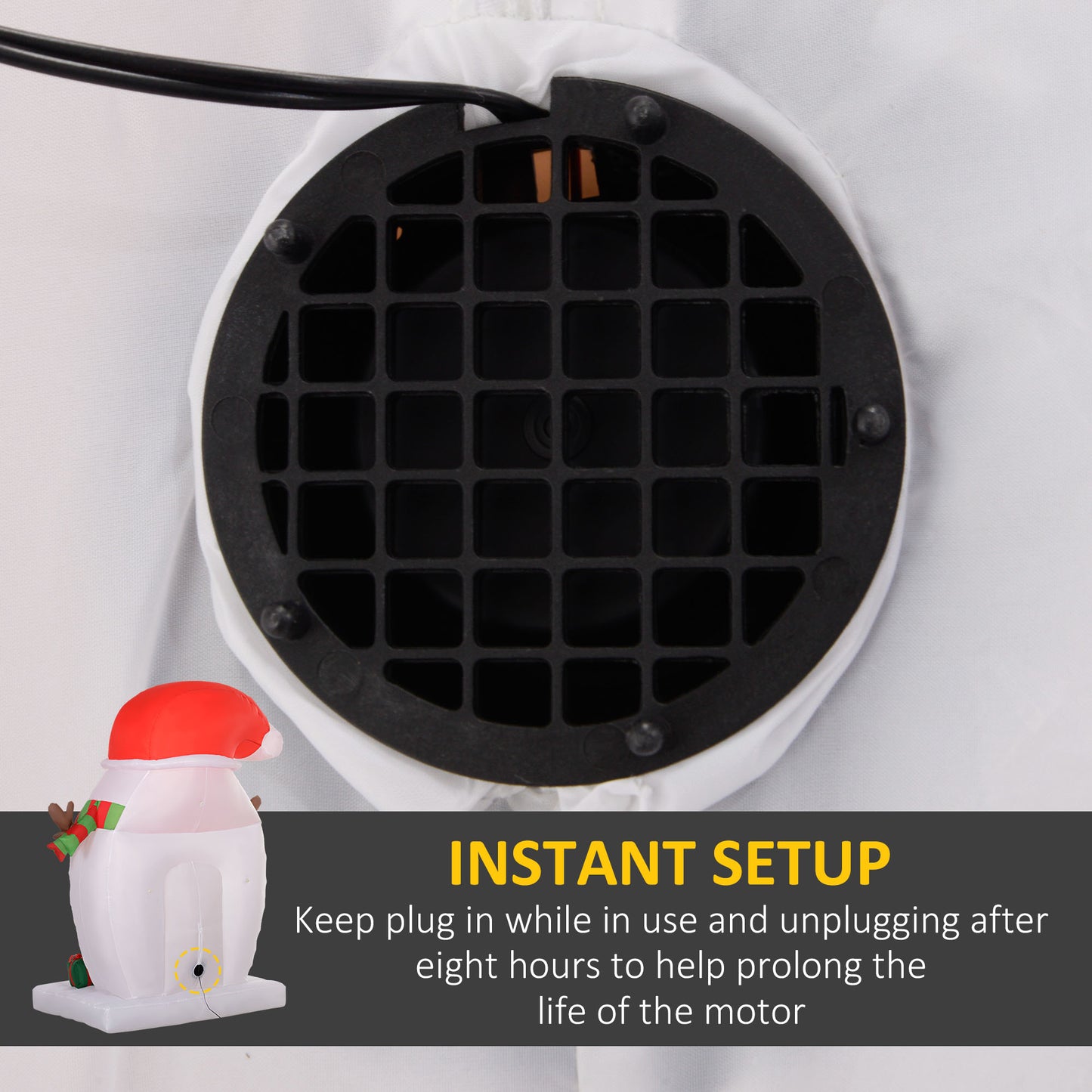 Close-up of black fan motor vent on white inflatable Christmas snowman with red hat and scarf