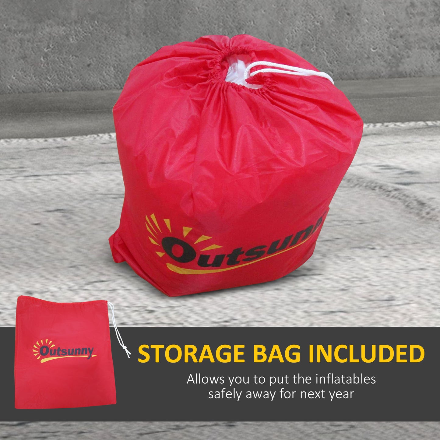 Red Outsunny storage bag for outdoor inflatables with drawstring closure on concrete surface