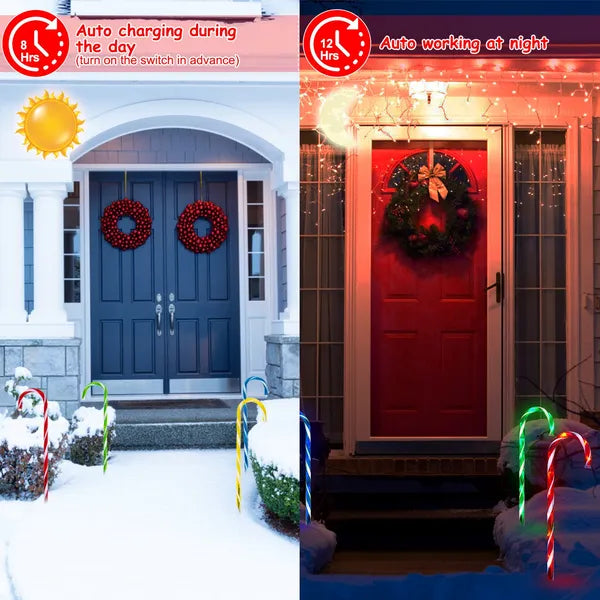 Solar multicolor candy cane lights decorating snowy front yard day and glowing colorful at night