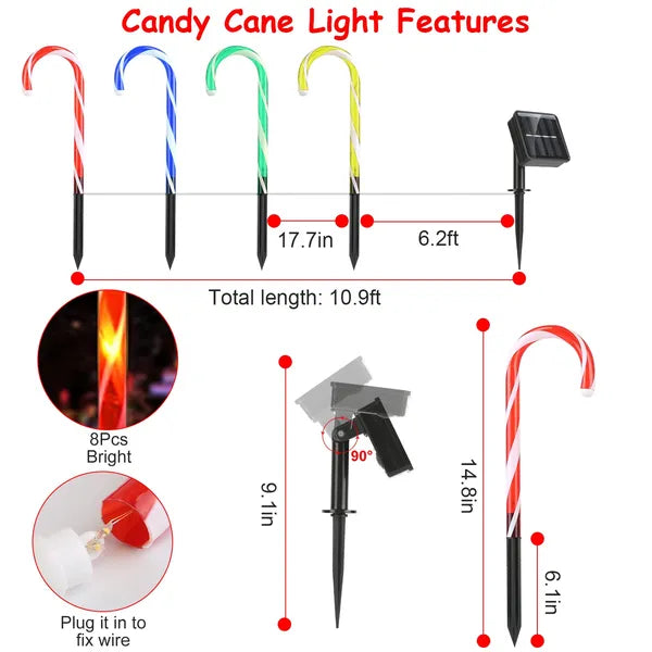 Multicolor solar-powered candy cane stake lights with waterproof IP55 rating and adjustable solar panel