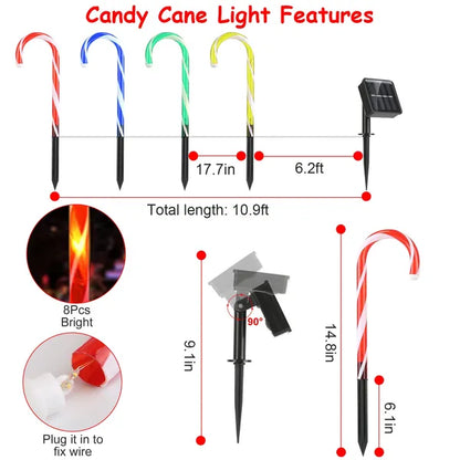 Multicolor solar-powered candy cane stake lights with waterproof IP55 rating and adjustable solar panel