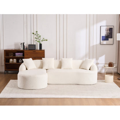 L-shaped white modern boucle fabric sectional sofa with five cushions in stylish living room