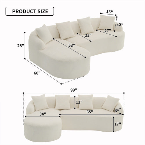 Cream white curved modular sectional sofa with cushions and detailed measurements in inches