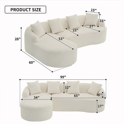 Cream white curved modular sectional sofa with cushions and detailed measurements in inches