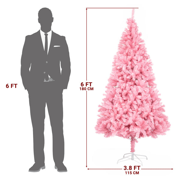 6ft pink PVC Christmas tree with 3.8ft width beside 6ft silhouette for size comparison