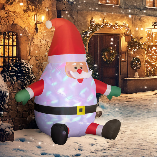 Inflatable Santa Claus Christmas decoration with glowing lights, red hat, and green gloves, sitting on snow
