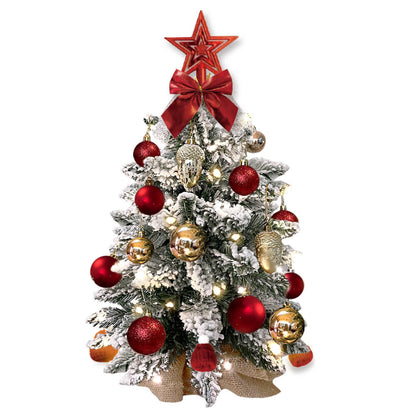 2ft flocked mini Christmas tree with red and gold ornaments, red bow, star topper, and warm white lights