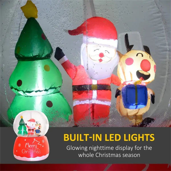 Inflatable Christmas LED display with green tree, Santa, and reindeer inside a glowing crystal ball