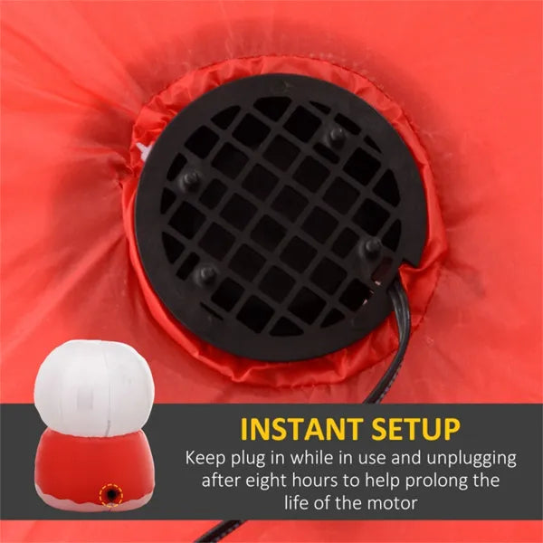 Close-up of red inflatable base with black motor vent and power cord, showing instant setup instructions