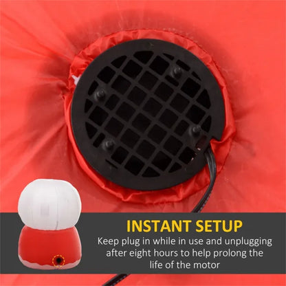 Close-up of red inflatable base with black motor vent and power cord, showing instant setup instructions