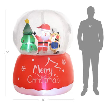 Large inflatable Christmas snow globe with Santa, Christmas tree, and reindeer on red base reading Merry Christmas