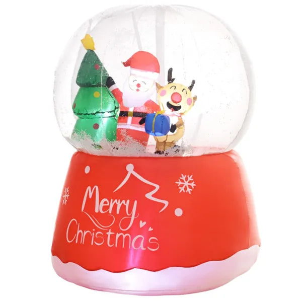 Inflatable Christmas snow globe with Santa, reindeer, tree, and Merry Christmas on red base