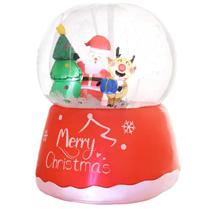 Inflatable Christmas snow globe with Santa, reindeer, tree, and Merry Christmas on red base