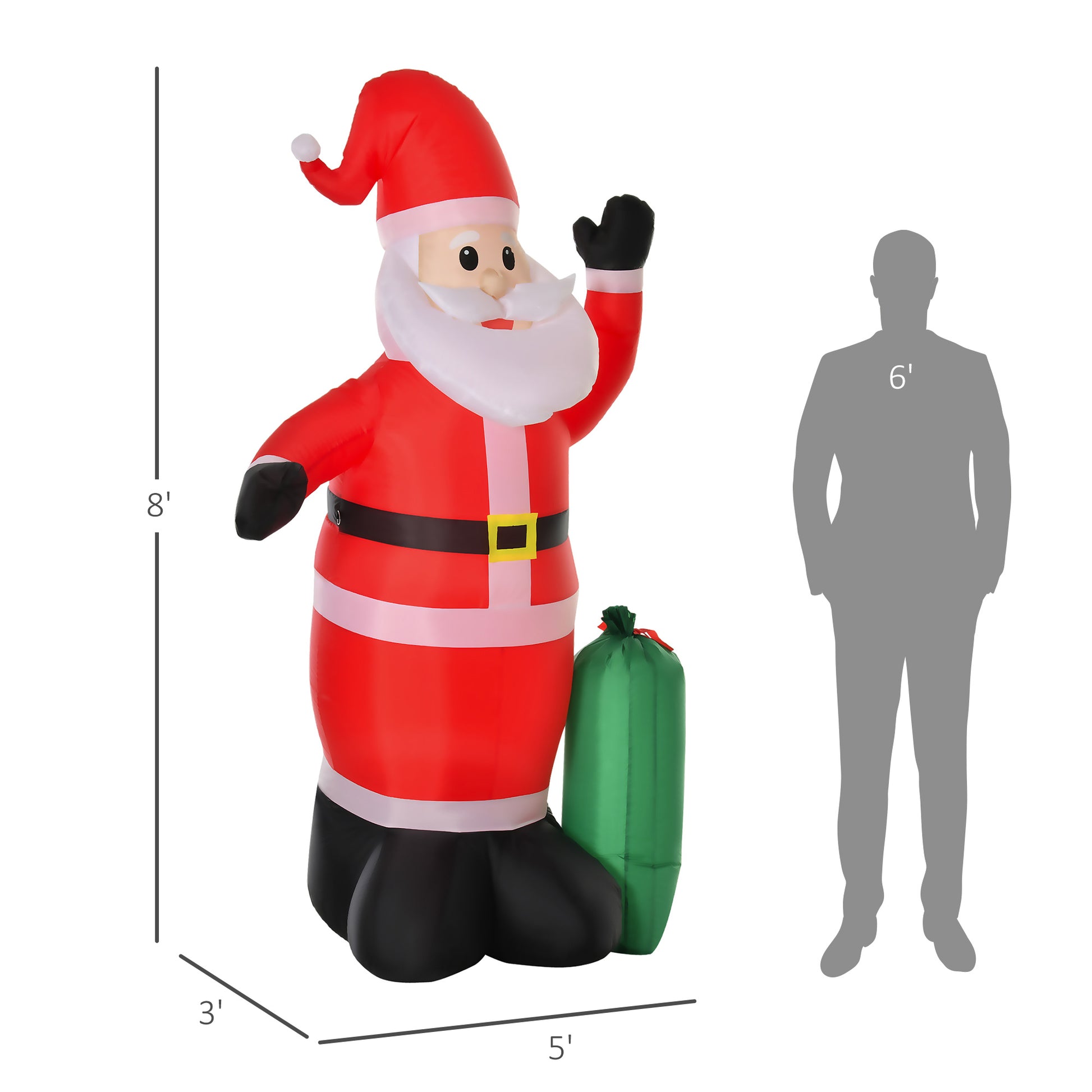 8ft inflatable Santa Claus decoration with red suit, white beard, black boots, and green sack