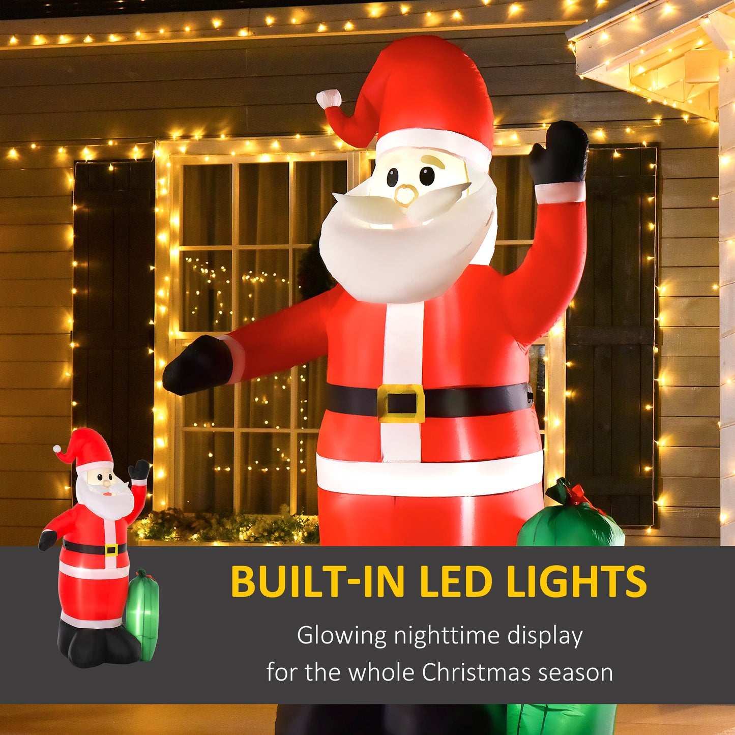 Outdoor inflatable Santa Claus decoration with built-in LED lights glowing at night