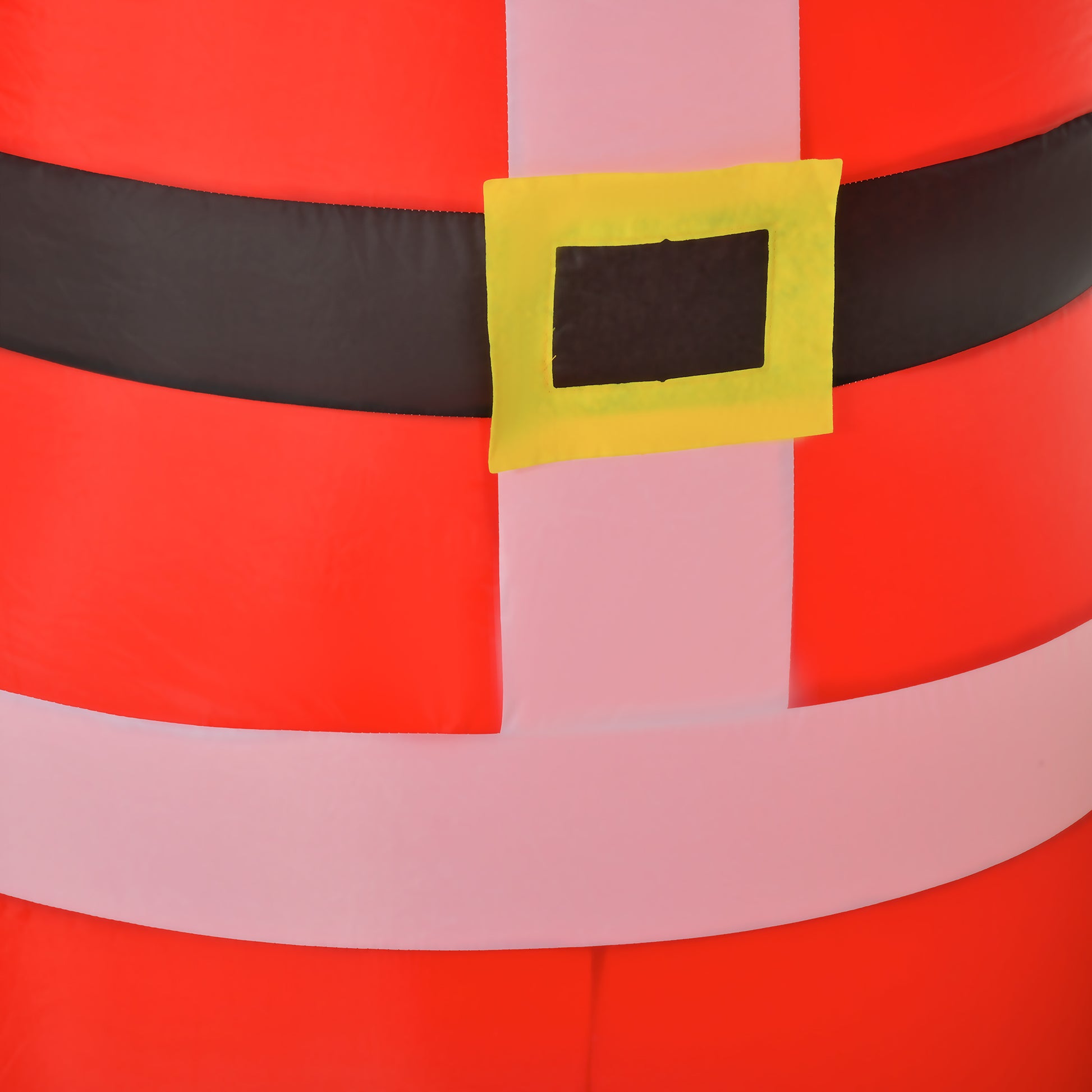 Close-up of inflatable Santa Claus belt with black and white straps and yellow buckle