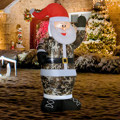 8ft inflatable Santa Claus in camouflage outfit waving, Christmas outdoor decoration with lit trees