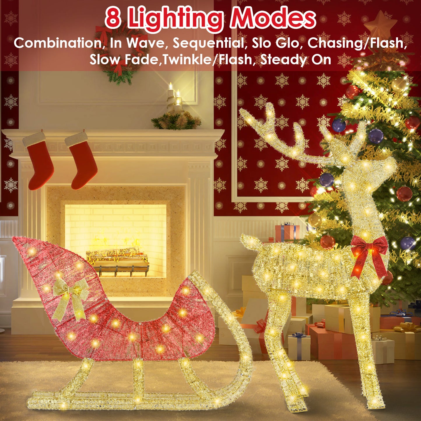 Lighted Christmas reindeer with red bow and sleigh decorated with gold ribbon in cozy living room