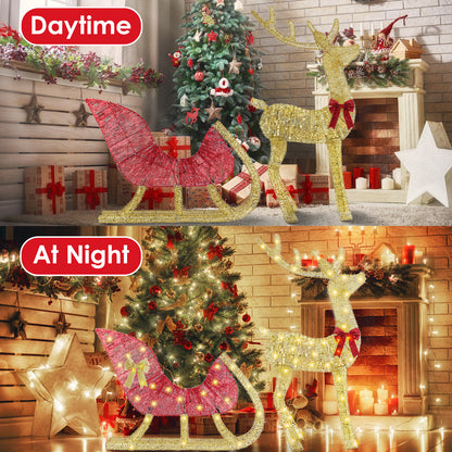 Day and night view of lighted Christmas reindeer and sleigh decoration by a tree and fireplace