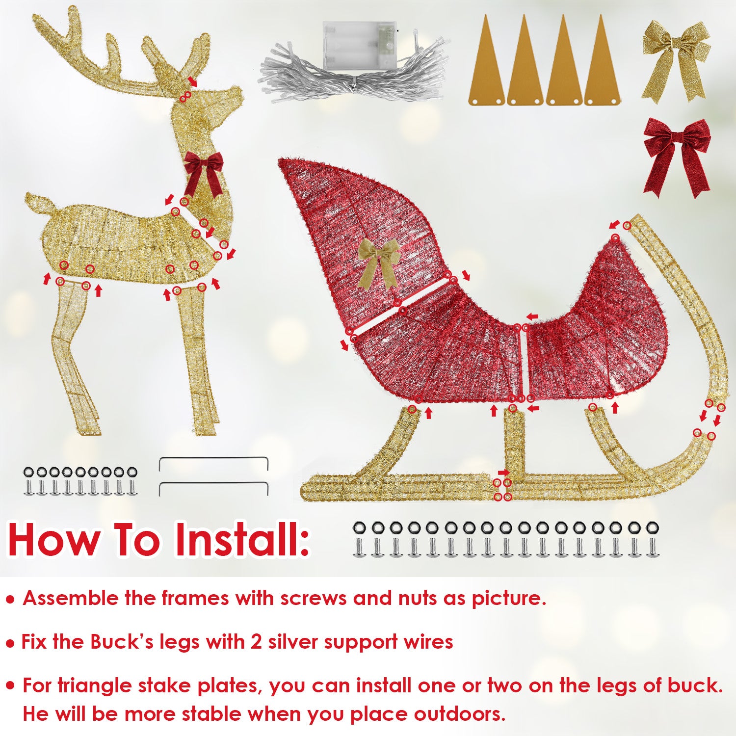 Disassembled gold reindeer and red sleigh Christmas decoration with assembly instructions and hardware