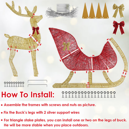 Disassembled gold reindeer and red sleigh Christmas decoration with assembly instructions and hardware