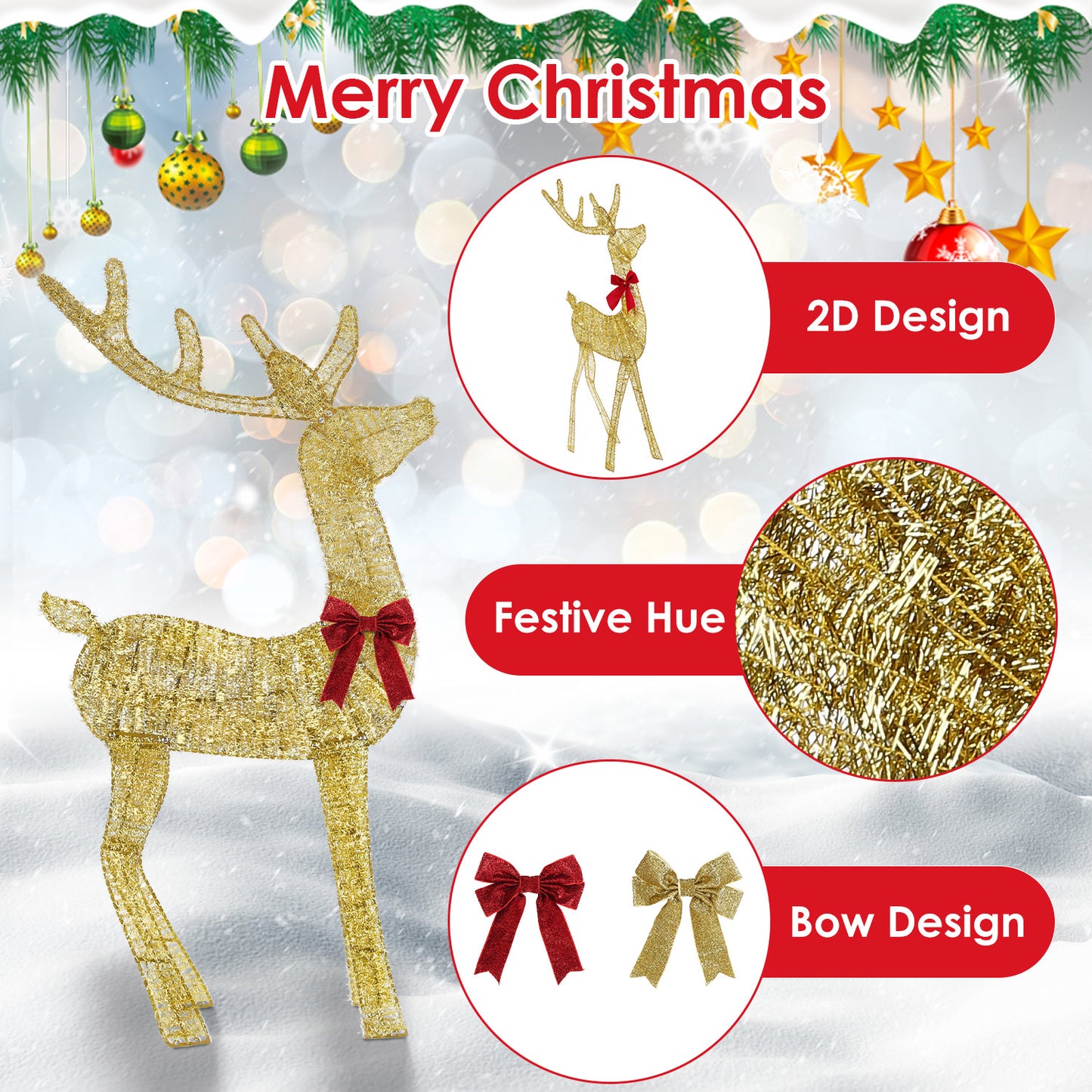 Golden 2D Christmas reindeer decoration with festive tinsel and red bow in snowy winter scene