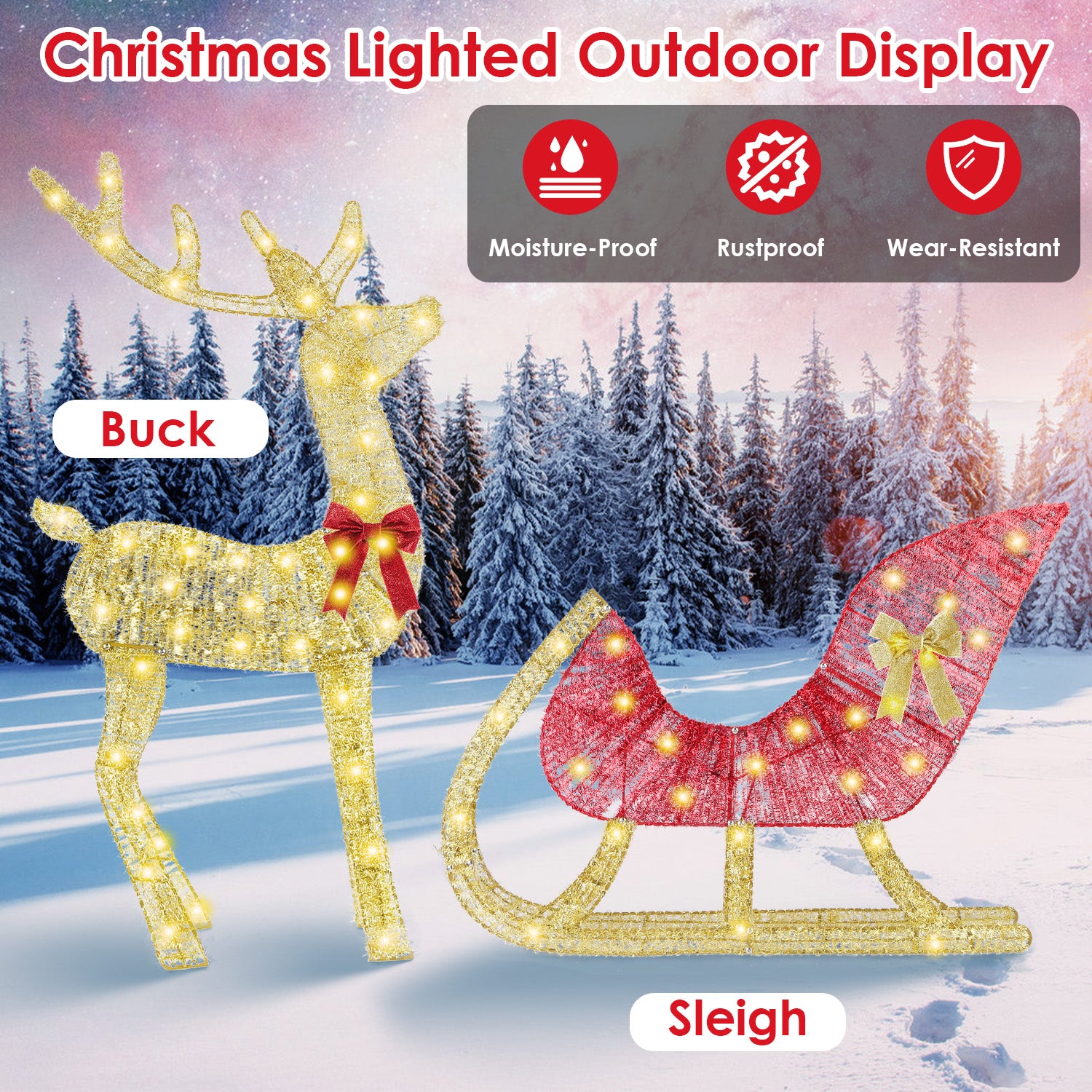 Lighted Christmas outdoor display featuring illuminated golden reindeer with red bow and matching red sleigh in snowy forest